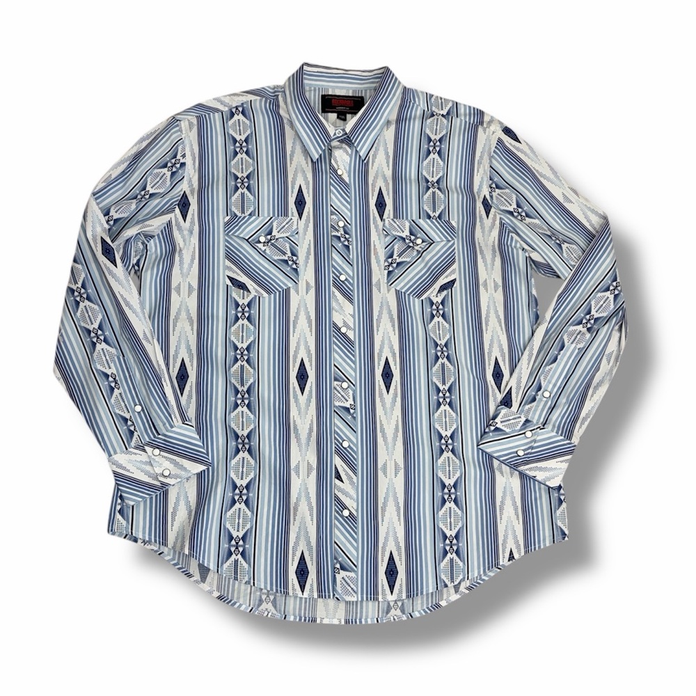 Rock & Roll Denim Men's Pearl Snap Western Shirt Size XXL Blue White Geometric